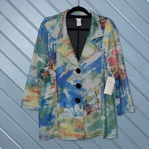 🥳 Multiples Multi-color 3/4 Sleeve Watercolor Textured Button Blazer
